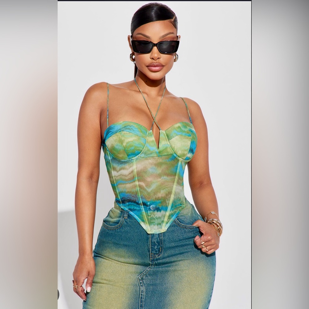 Fashion Nova- High Love Mesh Corset - Green/combo, size Lg
